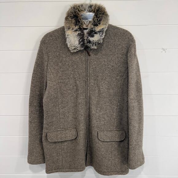 Jones New York Vintage Lambswool Zip Up Sweater size  Medium Faux Fur Collar - Picture 1 of 8